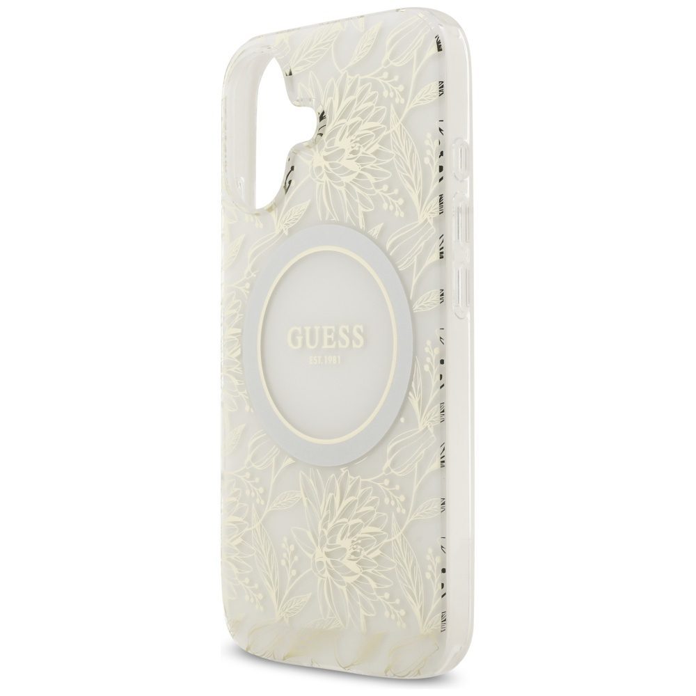 Guess Case Magsafe IML Case Flowers Electroplated Allover With Beads Strap For iPhone 17 White