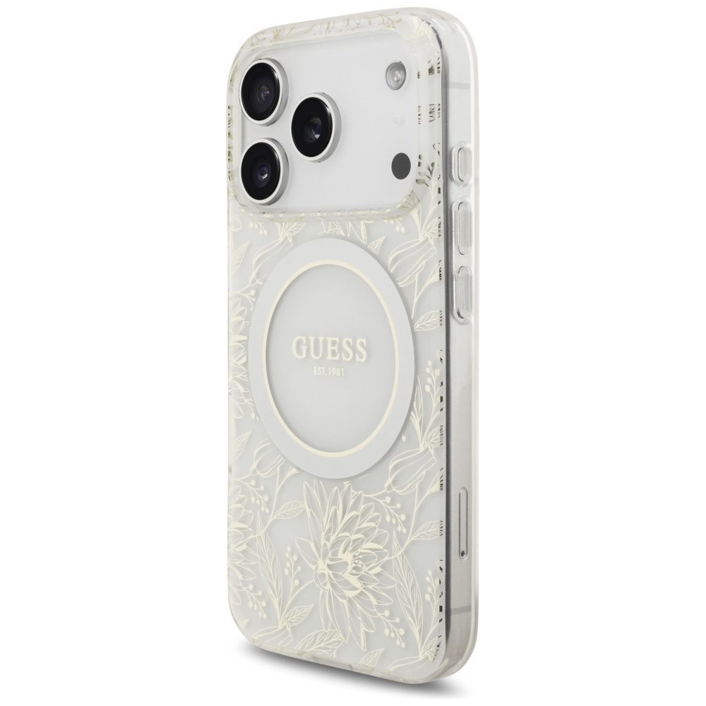 Guess Case Magsafe IML Case Flowers Electroplated Allover With Beads Strap For iPhone 17 Pro White