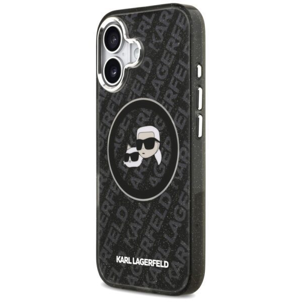 Karl Lagerfeld case Magsafe IML glitter case metal camera frame and buttons Karl and Choupette heads on KL repeated logo for iPhone 17 PUrple