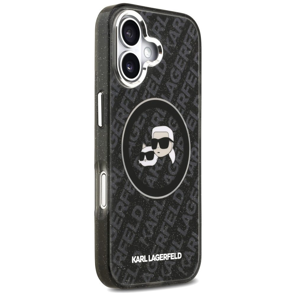 Karl Lagerfeld case Magsafe IML glitter case metal camera frame and buttons Karl and Choupette heads on KL repeated logo for iPhone 17 PUrple