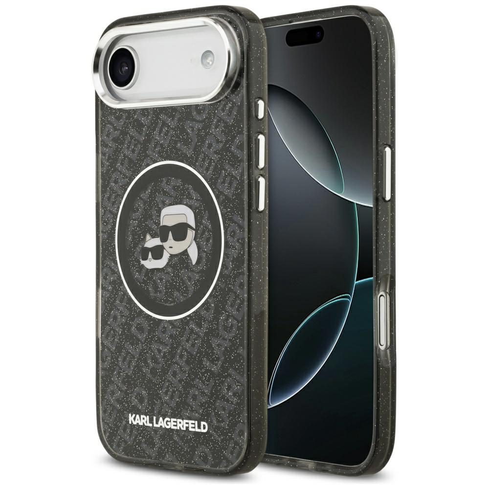 Karl Lagerfeld case Magsafe IML glitter case metal camera frame and buttons Karl and Choupette heads on KL repeated logo for iPhone 17 Air PUrple