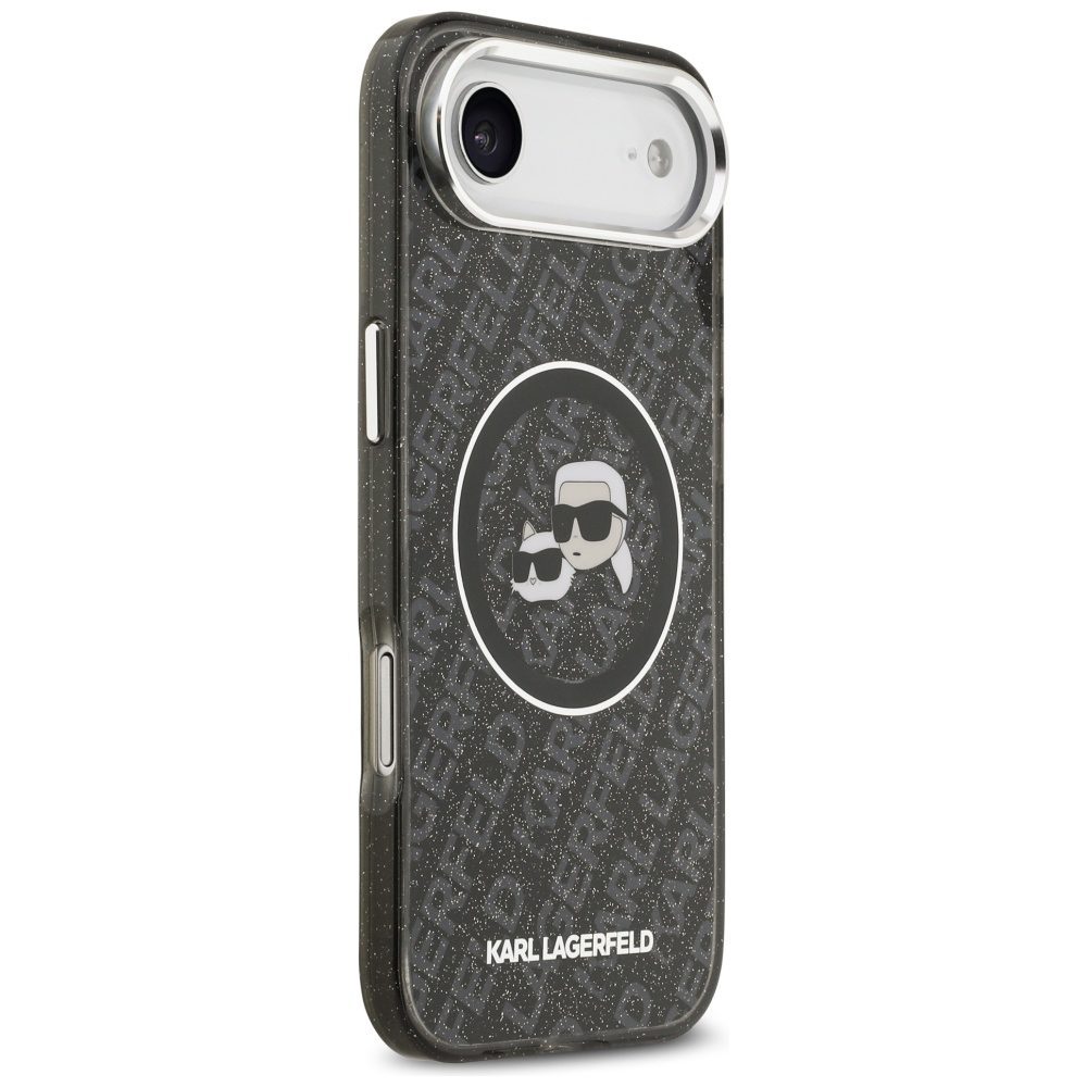 Karl Lagerfeld case Magsafe IML glitter case metal camera frame and buttons Karl and Choupette heads on KL repeated logo for iPhone 17 Air PUrple