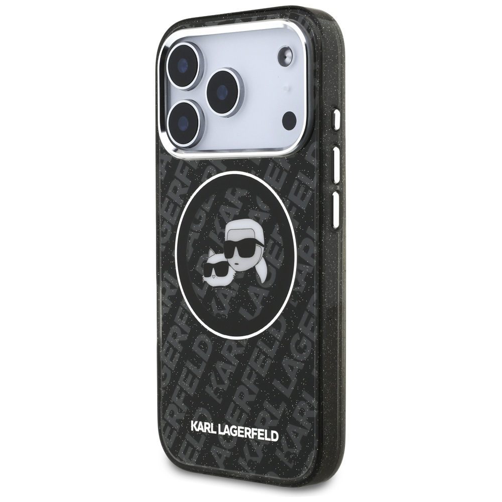 Karl Lagerfeld case Magsafe IML glitter case metal camera frame and buttons Karl and Choupette heads on KL repeated logo for iPhone 17 Pro PUrple