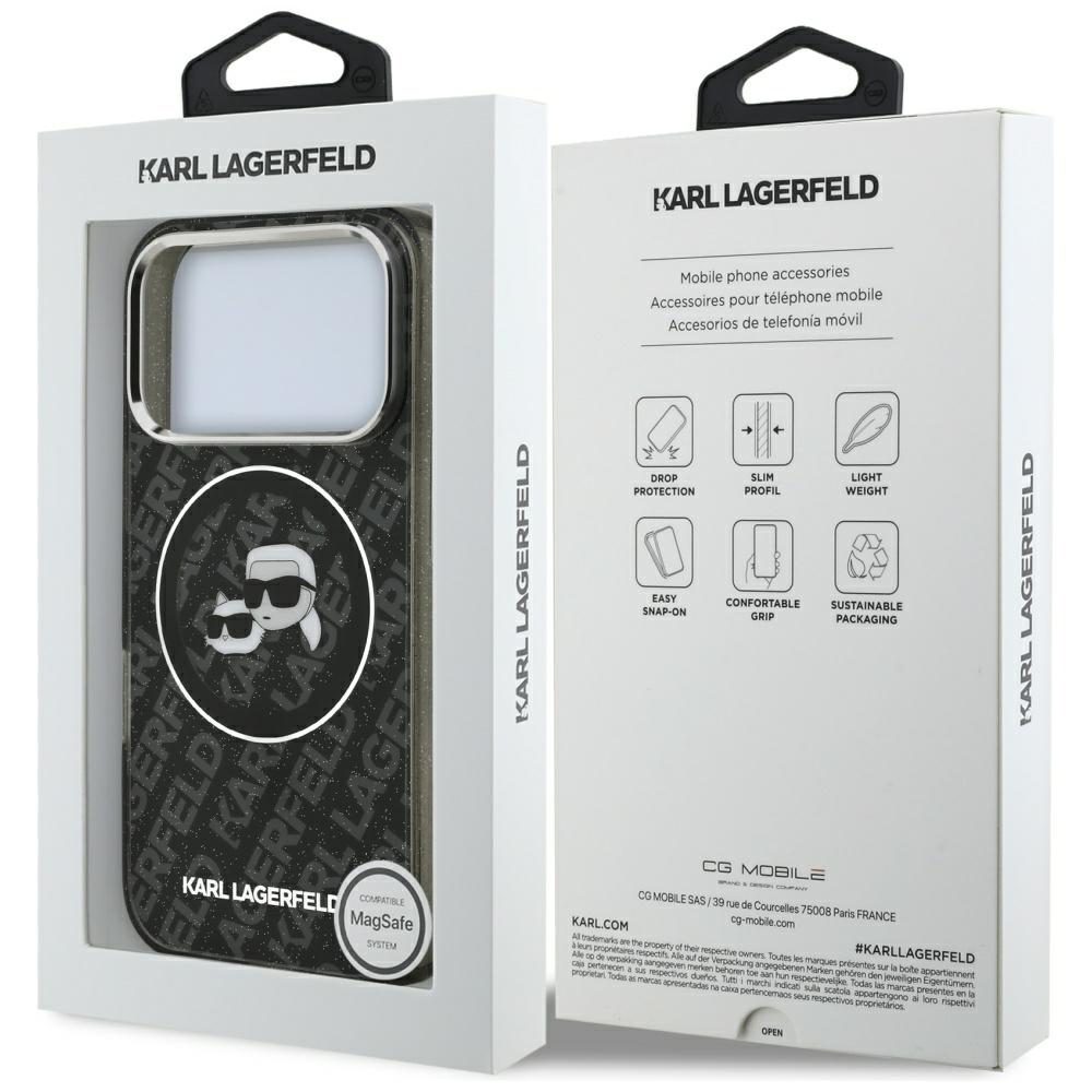 Karl Lagerfeld case Magsafe IML glitter case metal camera frame and buttons Karl and Choupette heads on KL repeated logo for iPhone 17 Pro PUrple