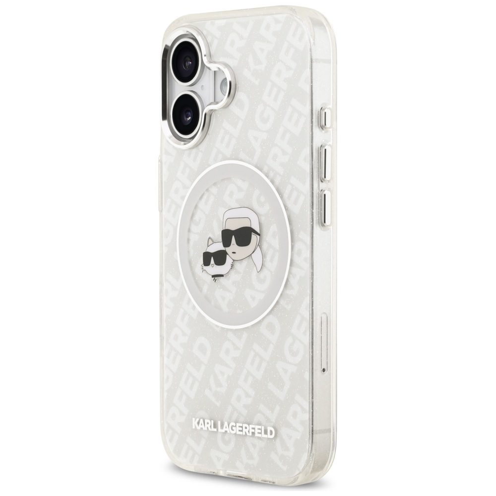 Karl Lagerfeld case Magsafe IML glitter case metal camera frame and buttons Karl and Choupette heads on KL repeated logo for iPhone 17 grey