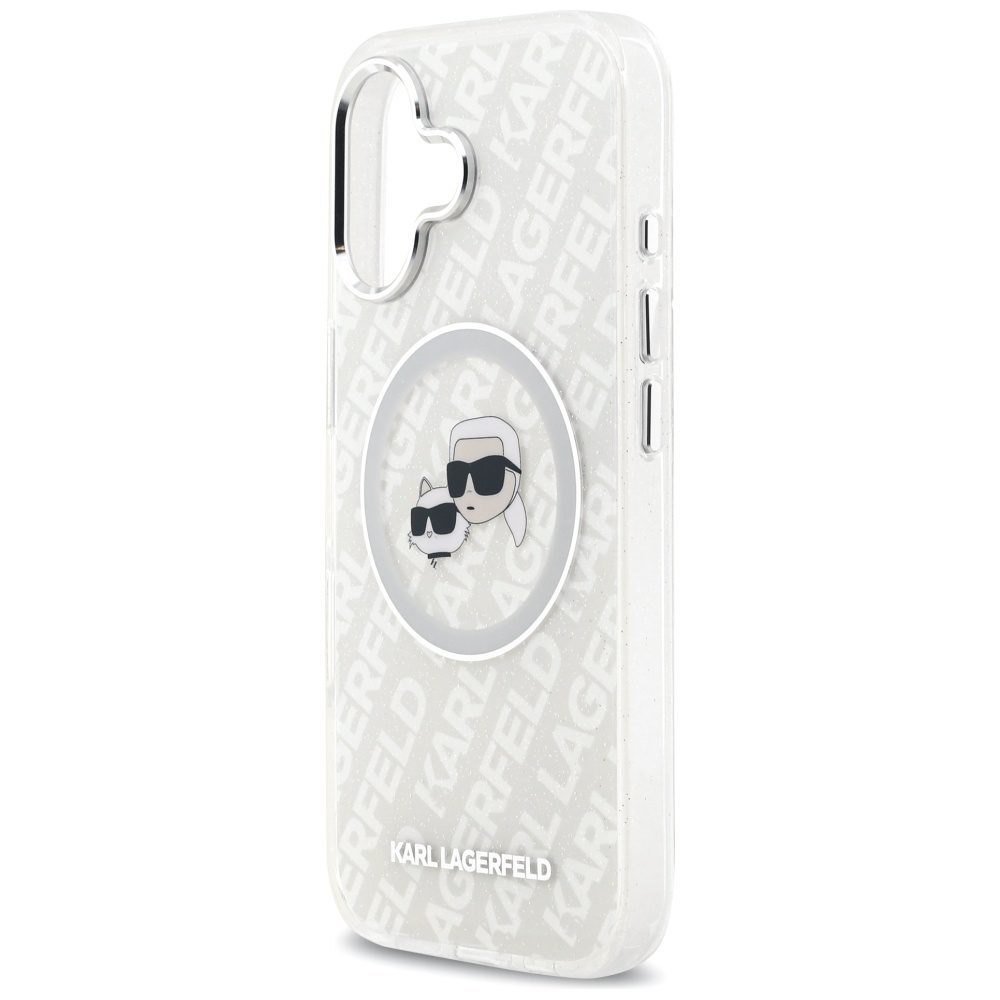 Karl Lagerfeld case Magsafe IML glitter case metal camera frame and buttons Karl and Choupette heads on KL repeated logo for iPhone 17 grey