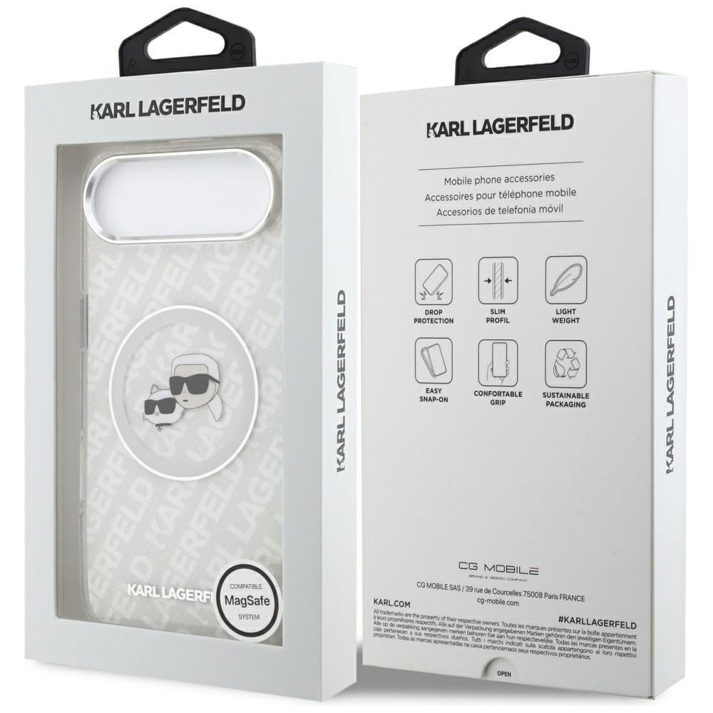 473688_oryg Karl Lagerfeld case Magsafe IML glitter case metal camera frame and buttons Karl and Choupette heads on KL repeated logo for iPhone 17 Air grey