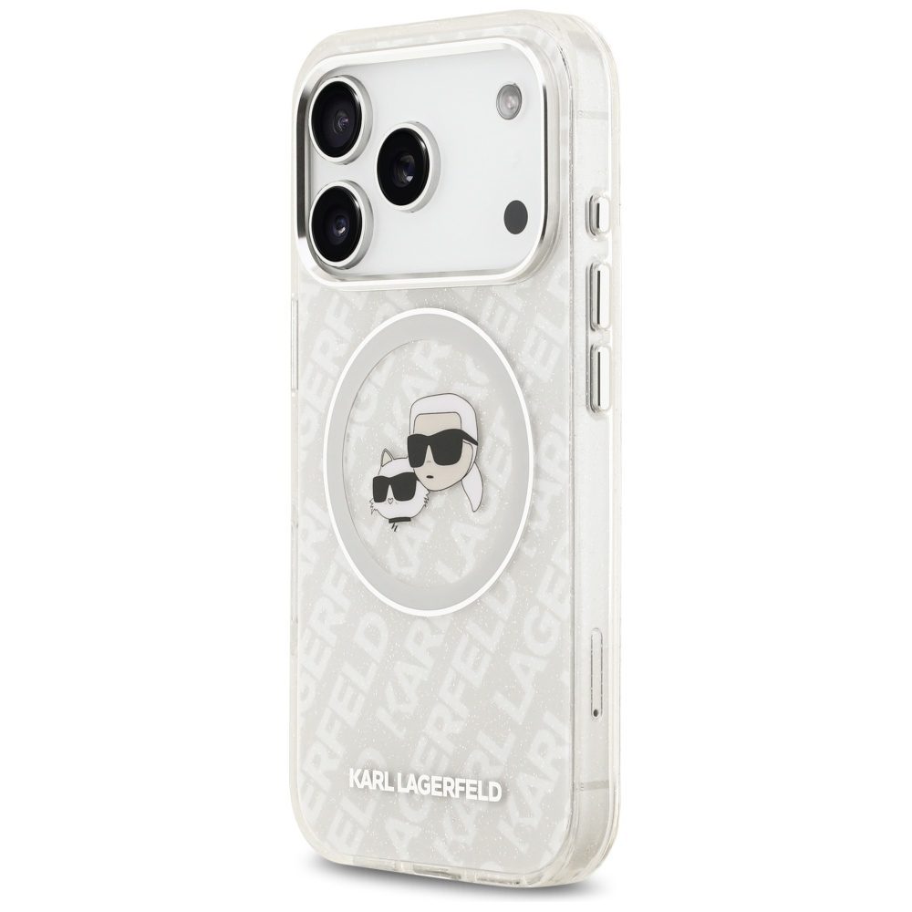 Karl Lagerfeld case Magsafe IML glitter case metal camera frame and buttons Karl and Choupette heads on KL repeated logo for iPhone 17 Pro Max grey