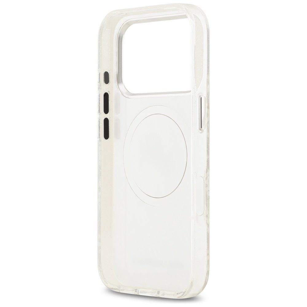 Karl Lagerfeld case Magsafe IML glitter case metal camera frame and buttons Karl and Choupette heads on KL repeated logo for iPhone 17 Pro Max grey