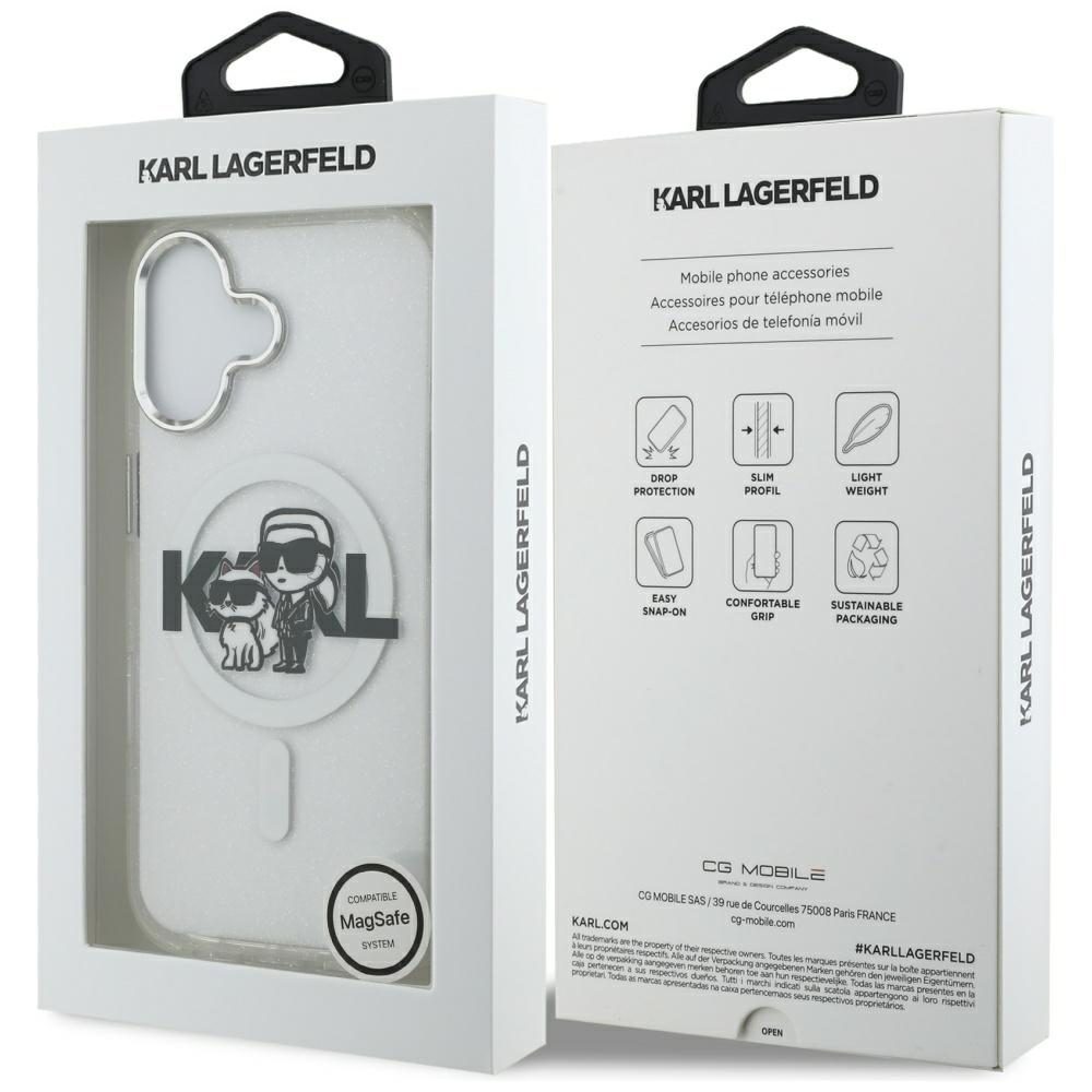 Karl Lagerfeld case Magsafe IML glitter case metal camera frame and buttons Karl and Choupette sketch logo for iPhone 17 black