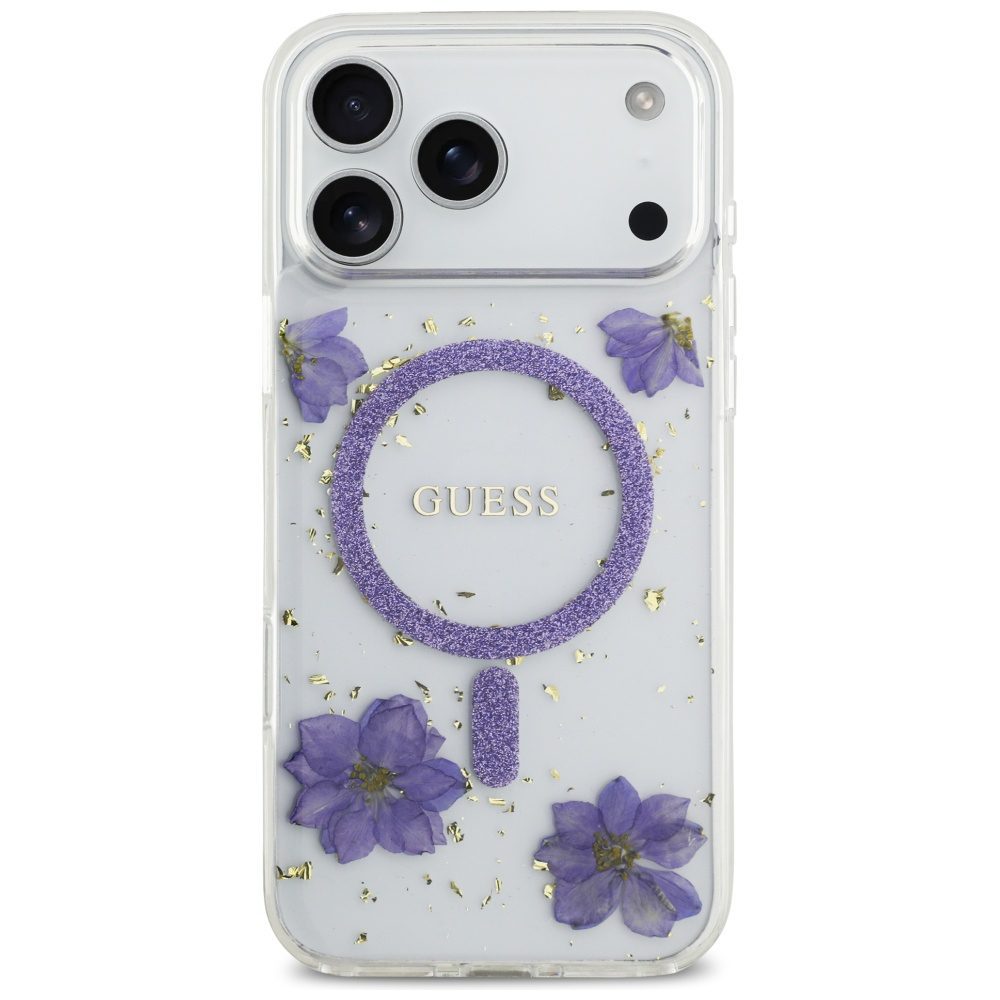 Guess Resin Flowers Glitter MagSafe case for iPhone 17 Pro Max purple