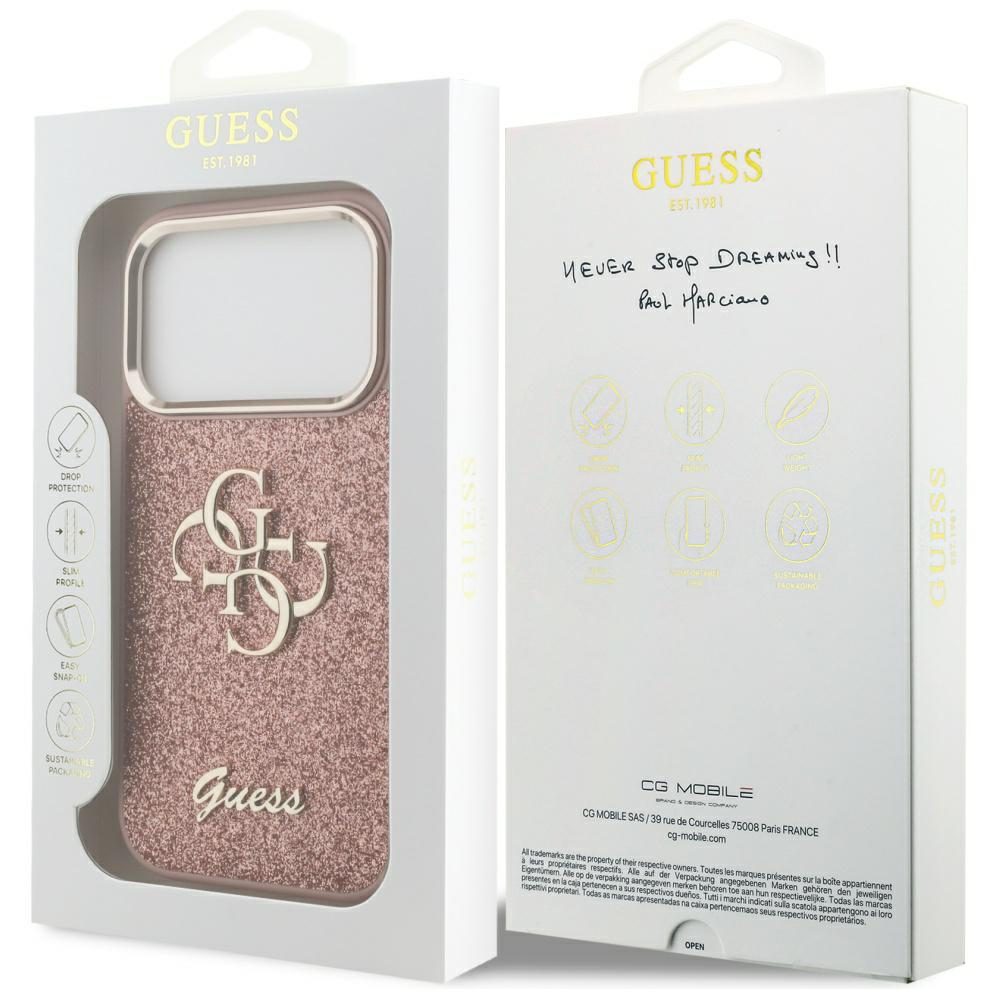 474434_oryg Guess Fixed Glitter Big 4G Metal Frame case for iPhone 17 Pro pink