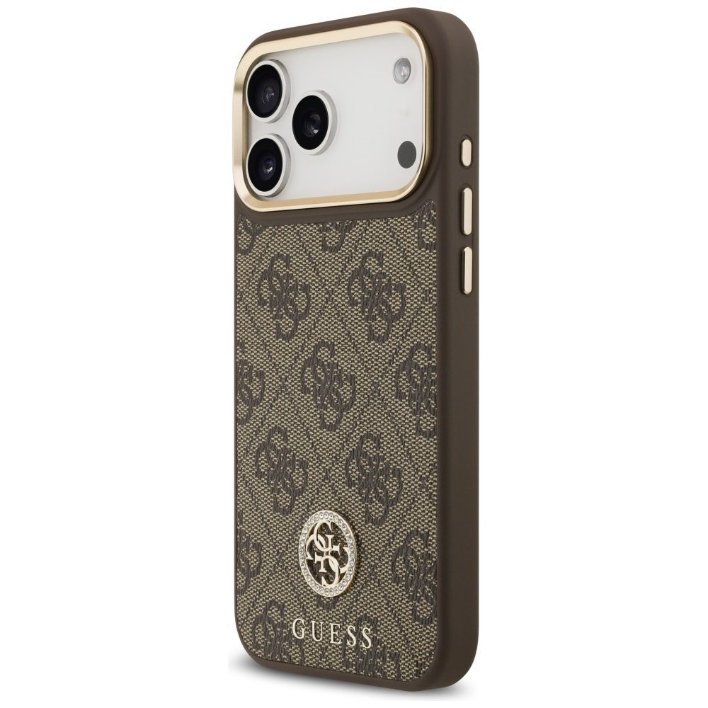 Guess 4G Strass Logo & Big Strap Metal Buttons MagSafe case for iPhone 17 Pro Max brown