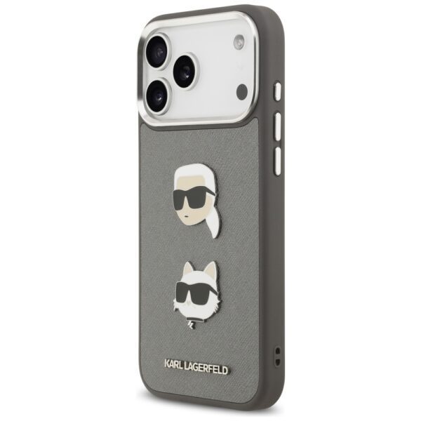 Karl Lagerfeld FW Grained Karl & Choupette Heads Pins & Logo case for iPhone 17 Pro Max grey