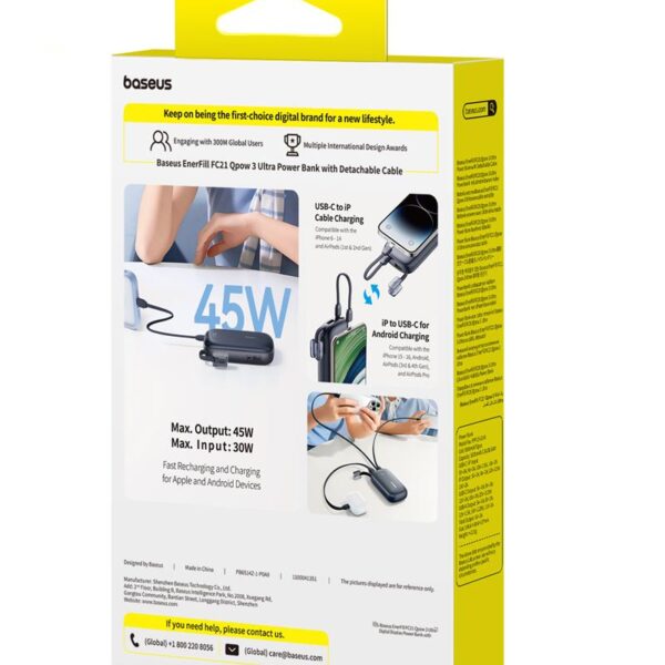 Baseus EnerFill FC21 Qpow 3 Ultra Digital Display Power Bank with Detachable Cable 45W 10000mAh Black