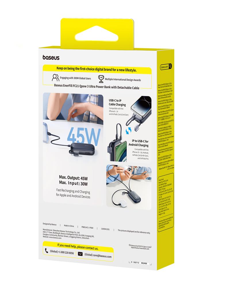 Baseus EnerFill FC21 Qpow 3 Ultra Digital Display Power Bank with Detachable Cable 45W 10000mAh Black