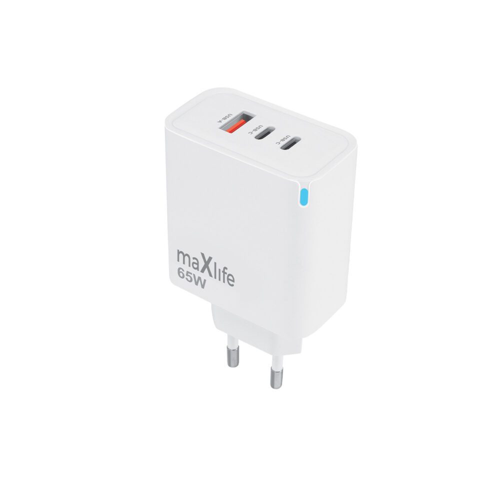 Maxlife MXTC-09-65ACC GaN PD QC charger 2x USB-C 1x USB 65W white