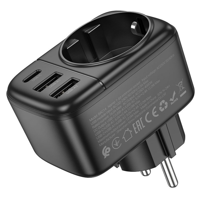 Borofone Wall charger BAC14 Wide - 2xUSB + Type C + outlet - 12W black