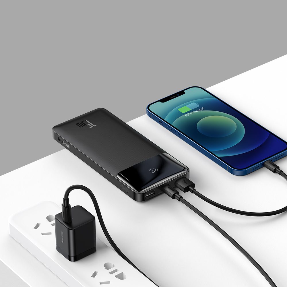 Baseus Bipow powerbank with display 10000mAh 15W black (Overseas Edition) + USB-A - Micro USB cable 0.25m black (PPBD050001)eng