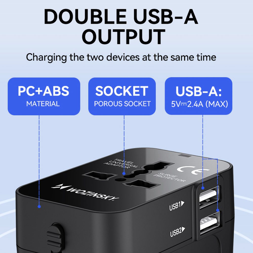 Wozinsky WUTWC Travel Adapter Universal 24W EU / US / AUS / UK / 2x USB-A - Blackeng