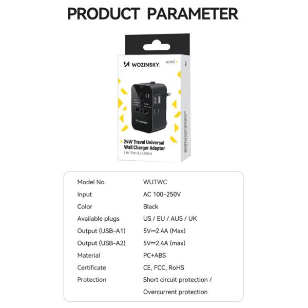 Wozinsky WUTWC Travel Adapter Universal 24W EU / US / AUS / UK / 2x USB-A - Blackeng