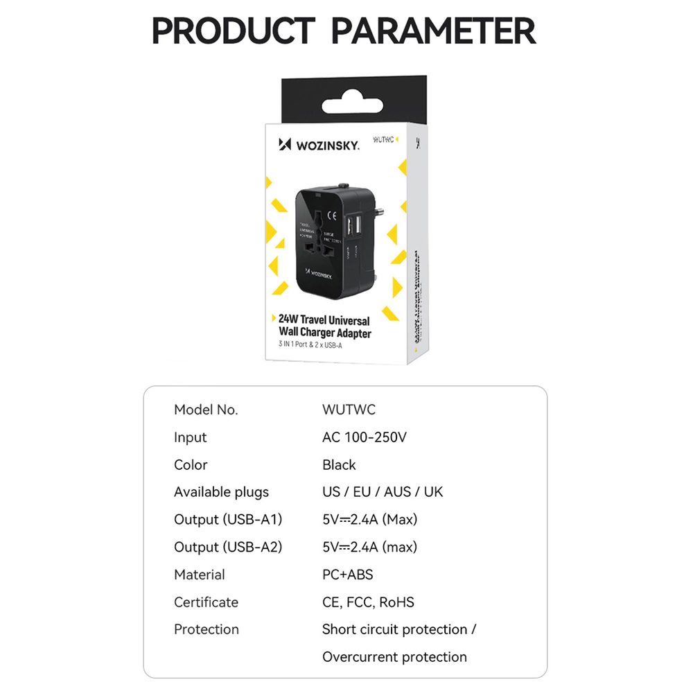 Wozinsky WUTWC Travel Adapter Universal 24W EU / US / AUS / UK / 2x USB-A - Blackeng