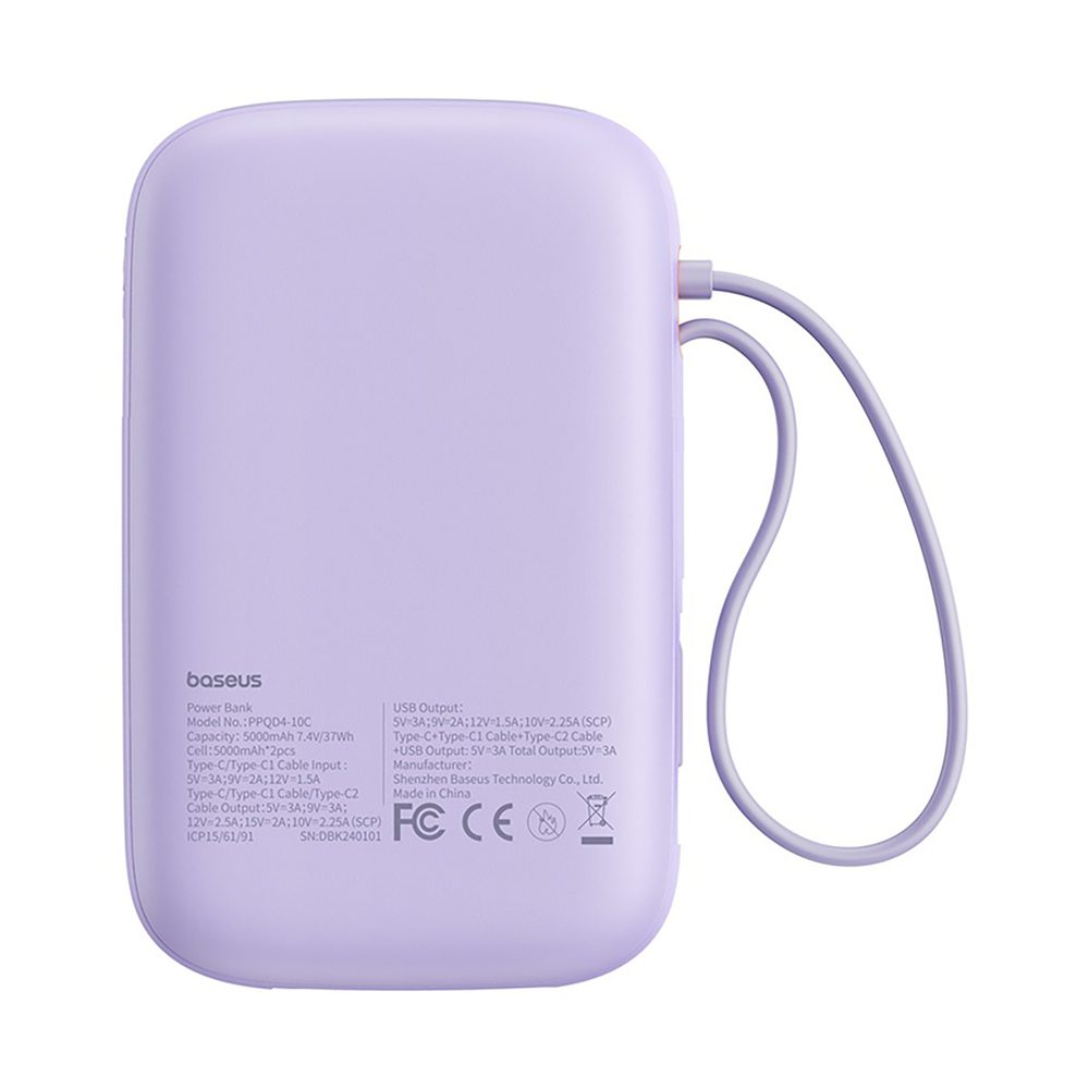 Baseus QPow 2 30W 10000mAh Power Bank with Built-in USB-C Cables - Purpleeng