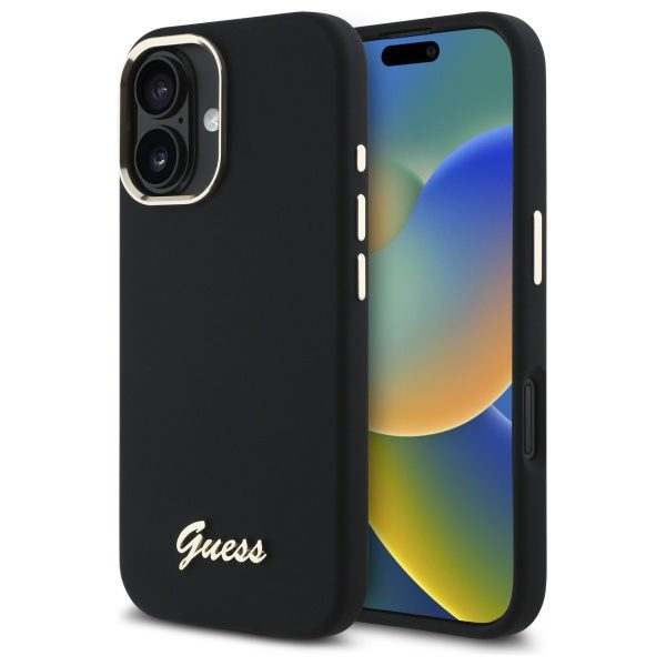 178723_1 Guess Silicone Script Metal Logo & Frame Case for iPhone 16 - Blackeng