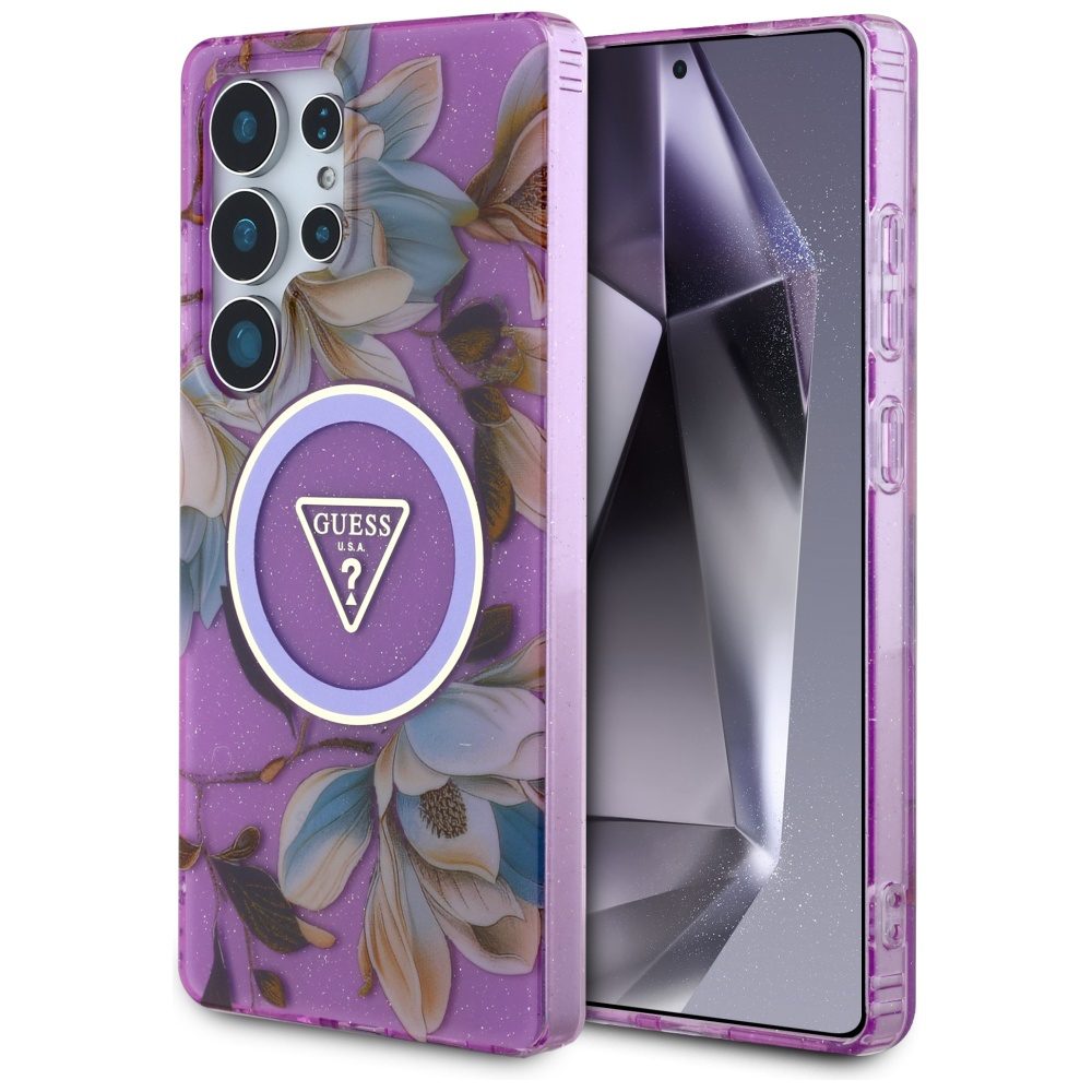 Guess Glitter Flowers Triangle Buttons MagSafe case for Samsung Galaxy S25 Ultra - purpleeng