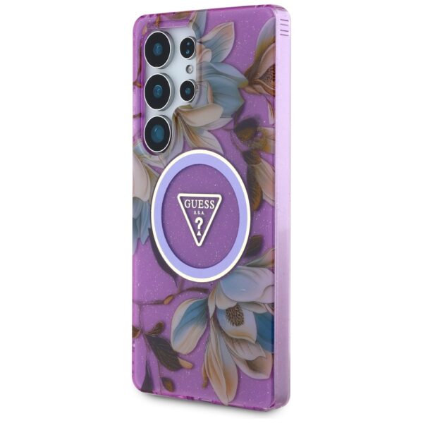 Guess Glitter Flowers Triangle Buttons MagSafe case for Samsung Galaxy S25 Ultra - purpleeng