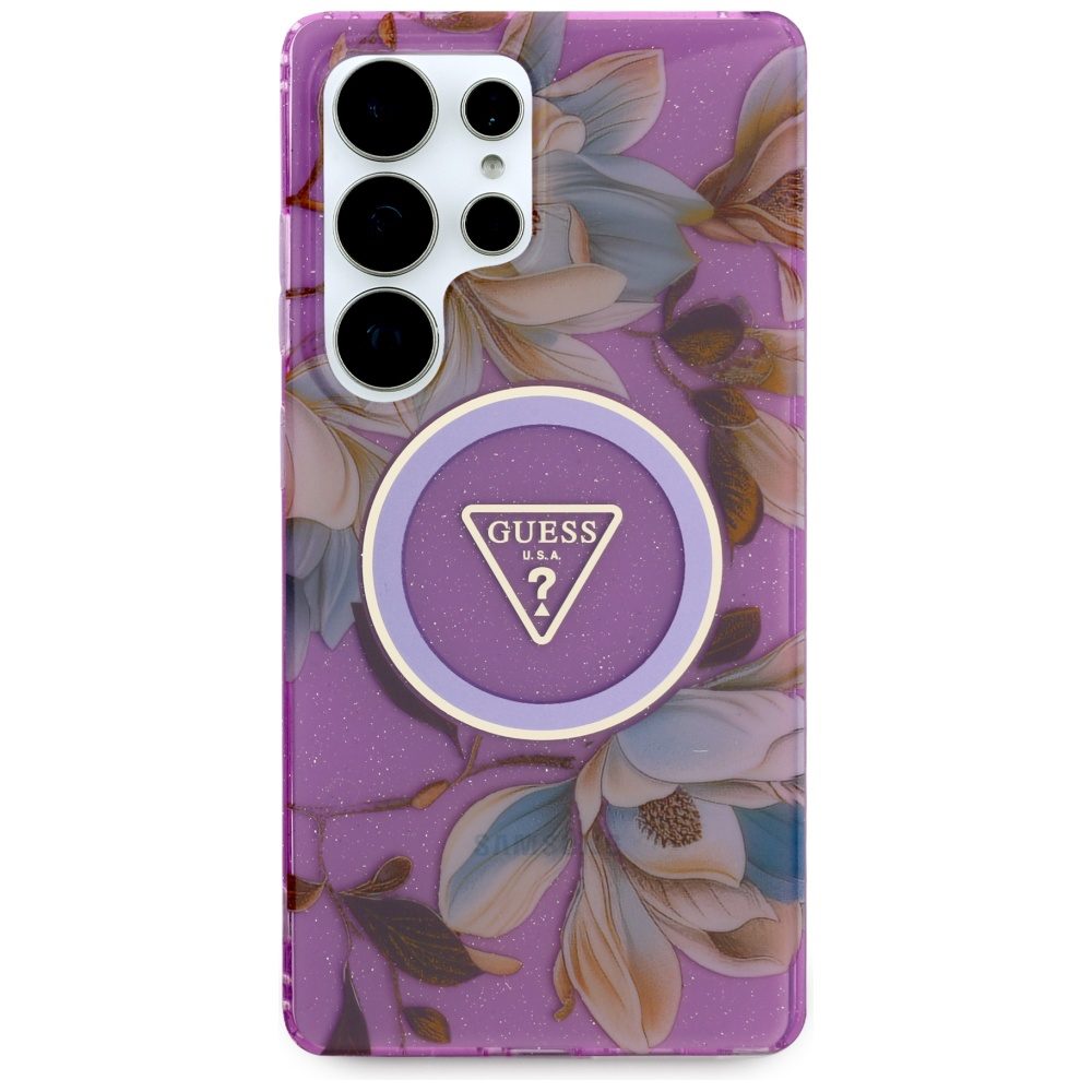 Guess Glitter Flowers Triangle Buttons MagSafe case for Samsung Galaxy S25 Ultra - purpleeng
