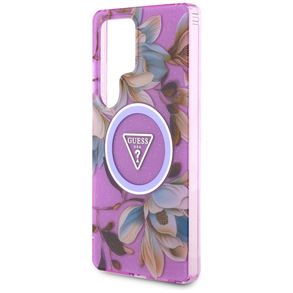Guess Glitter Flowers Triangle Buttons MagSafe case for Samsung Galaxy S25 Ultra - purpleeng