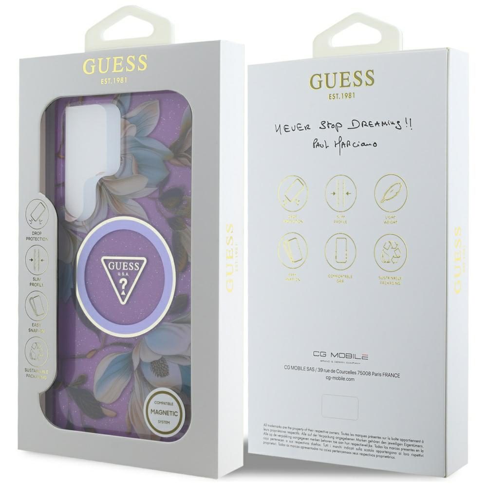 Guess Glitter Flowers Triangle Buttons MagSafe case for Samsung Galaxy S25 Ultra - purpleeng