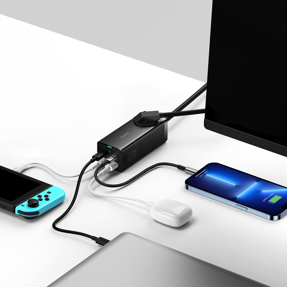 196001_8 Baseus GaN3 Pro 100W EU Charging Station + 2 x USB-A + 2 x USB-C with 1m Cable Baseus Xiaobai USB-C 100W - Blackeng
