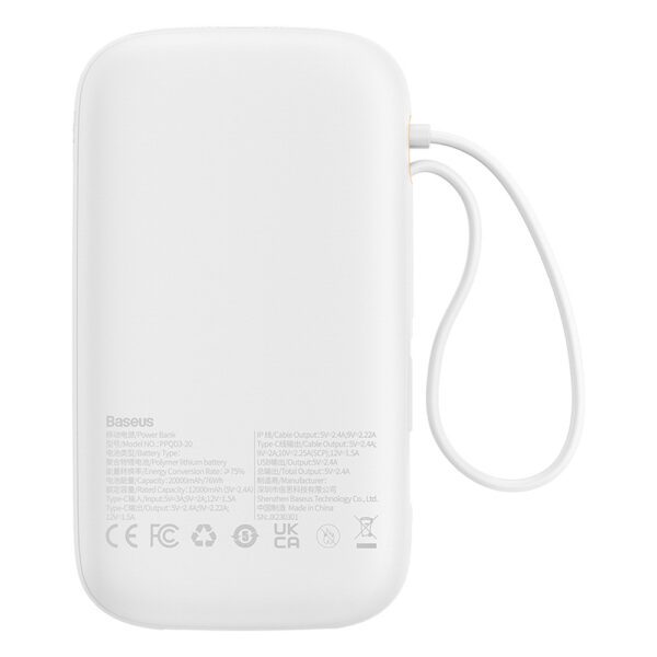 Baseus Qpow2 20000mAh 22.5W Powerbank with Dual Cable with Digital Display + Baseus Simple USB-C 3A Cable 0.3m (White) - Whiteeng