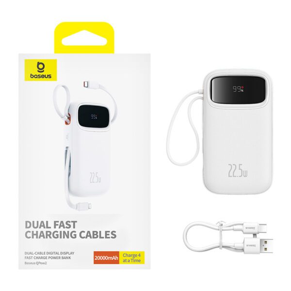 Baseus Qpow2 20000mAh 22.5W Powerbank with Dual Cable with Digital Display + Baseus Simple USB-C 3A Cable 0.3m (White) - Whiteeng