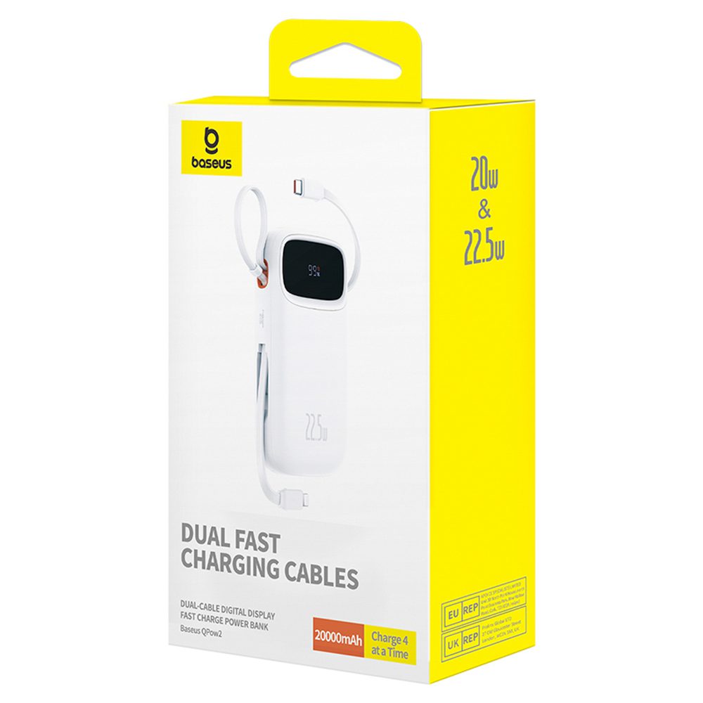 Baseus Qpow2 20000mAh 22.5W Powerbank with Dual Cable with Digital Display + Baseus Simple USB-C 3A Cable 0.3m (White) - Whiteeng
