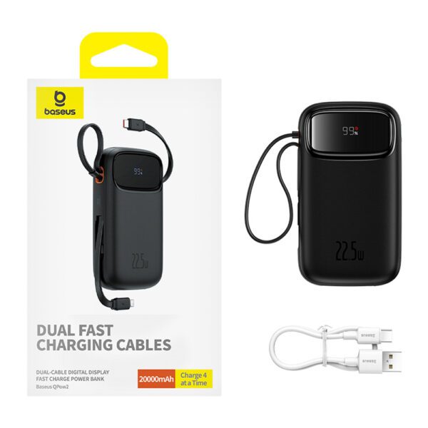 Baseus Qpow2 20000mAh 22.5W Powerbank with Dual Cable with Digital Display + Baseus Simple USB-C 3A Cable 0.3m (Black) - Blackeng