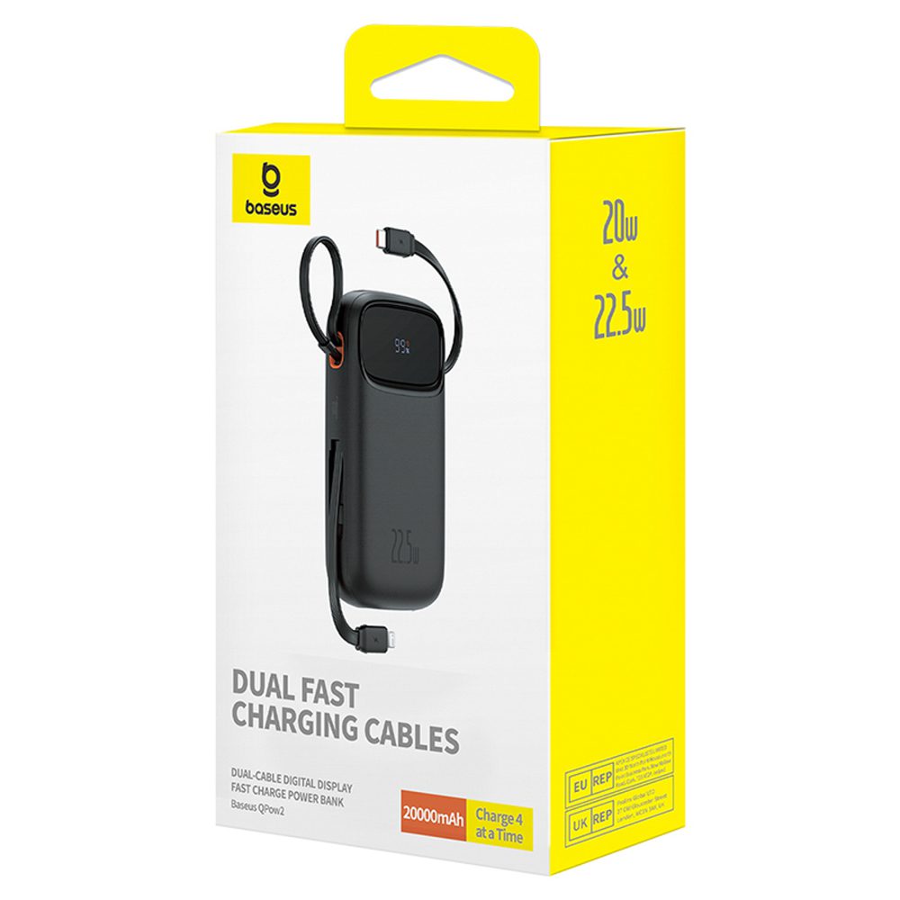 Baseus Qpow2 20000mAh 22.5W Powerbank with Dual Cable with Digital Display + Baseus Simple USB-C 3A Cable 0.3m (Black) - Blackeng