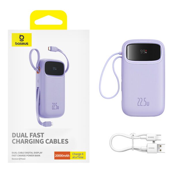 199505_8 Baseus Qpow2 20000mAh 22.5W Powerbank with Dual Cable with Digital Display + Baseus Simple USB-C 3A Cable 0.3m (White) - Purpleeng