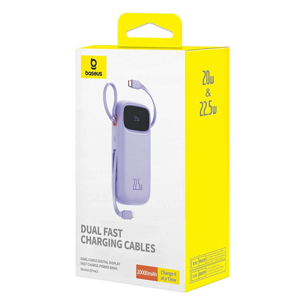 199505_9 Baseus Qpow2 20000mAh 22.5W Powerbank with Dual Cable with Digital Display + Baseus Simple USB-C 3A Cable 0.3m (White) - Purpleeng