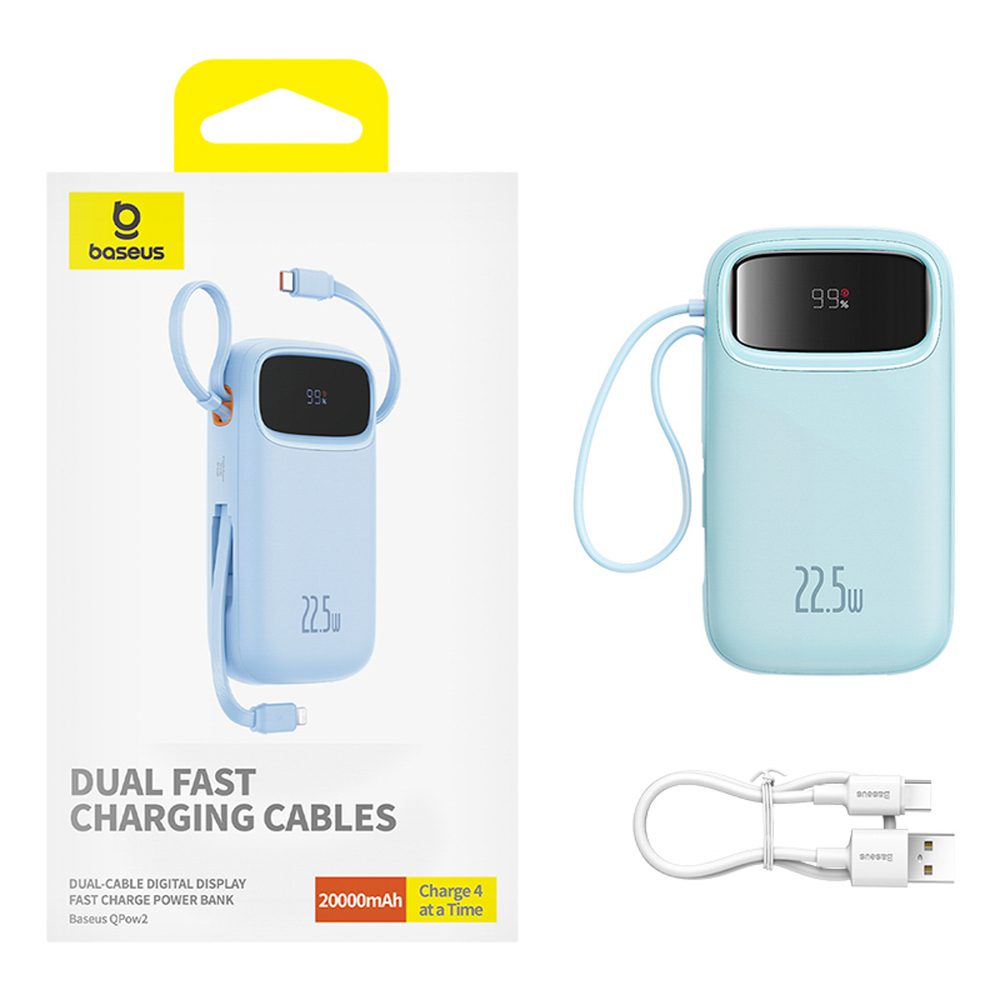 Baseus Qpow2 20000mAh 22.5W Powerbank with Dual Cable with Digital Display + Baseus Simple USB-C 3A Cable 0.3m (White) - Blueeng