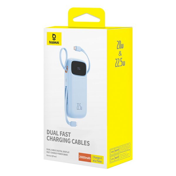 Baseus Qpow2 20000mAh 22.5W Powerbank with Dual Cable with Digital Display + Baseus Simple USB-C 3A Cable 0.3m (White) - Blueeng