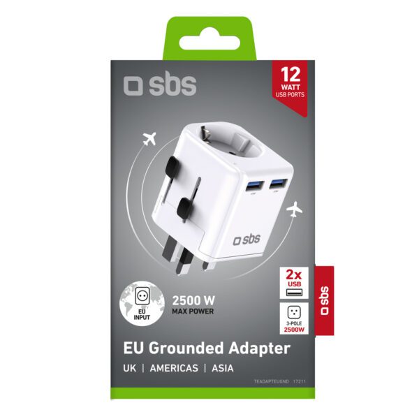 SBS universal travel adapter - EU 2xUSB-A - whiteeng