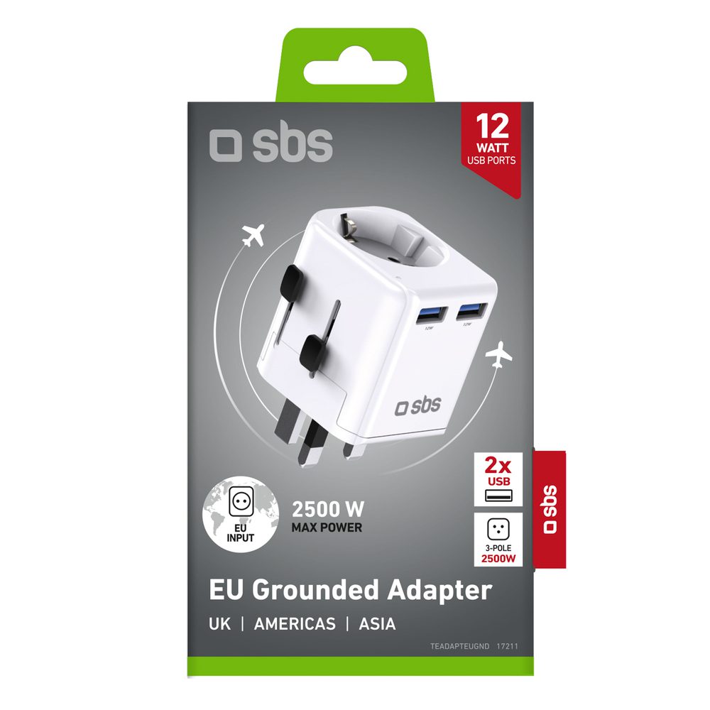 SBS universal travel adapter - EU 2xUSB-A - whiteeng