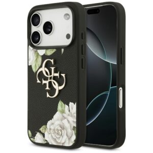 Guess Grained Roses & Big 4G Logo iPhone 17 Pro Case - Blackeng