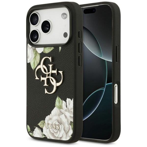 200851_1 Guess Grained Roses & Big 4G Logo iPhone 17 Pro Case - Blackeng