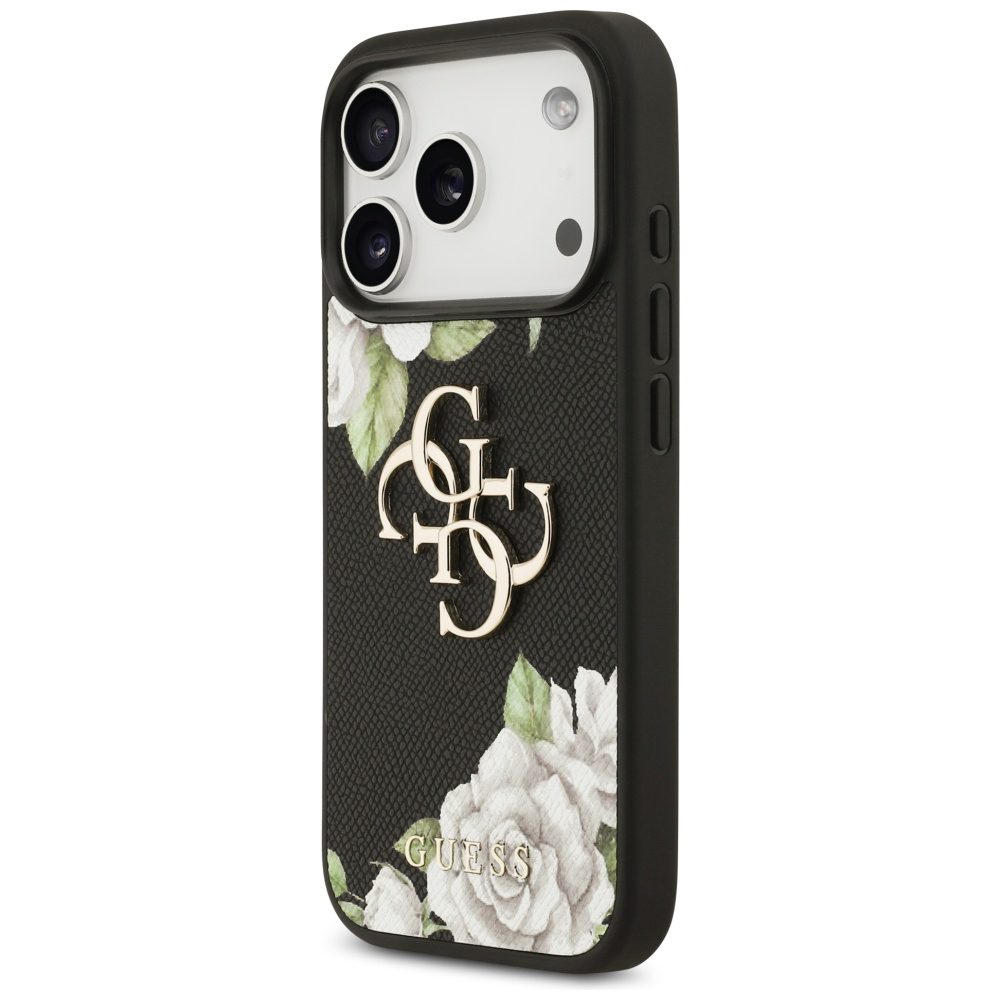 200851_2 Guess Grained Roses & Big 4G Logo iPhone 17 Pro Case - Blackeng