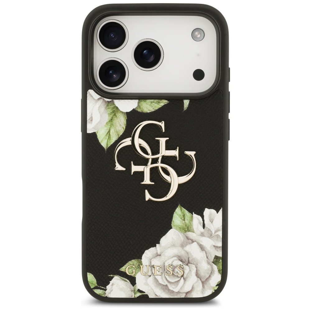 200851_3 Guess Grained Roses & Big 4G Logo iPhone 17 Pro Case - Blackeng