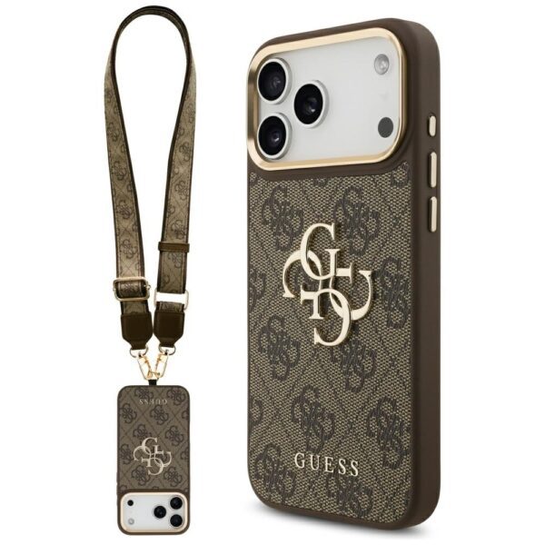 Guess 4G Big 4G Classic Logo Big Strap Metal Buttons Case for iPhone 17 Pro Max - Browneng